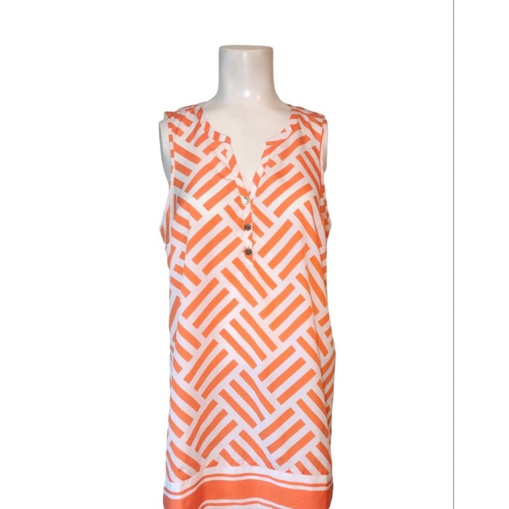 Mud Pie Henley Geometric Tunic Top Size M‎ Orange White Sleeveless